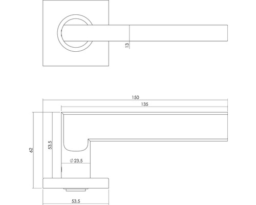 Technische tekening van een deurklink met maatvoering