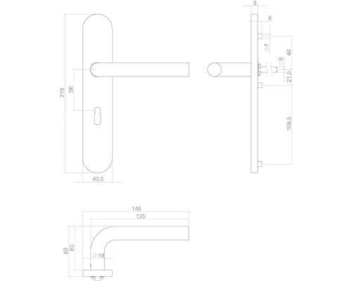 Technische tekening van een deurklink met maatvoering