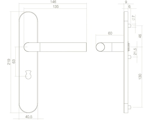 Technische tekening van een deurklink met afmetingen