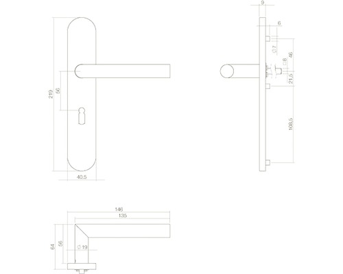 Technische tekening van een deurklink met maatvoering