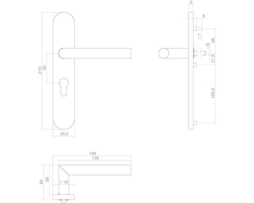 Technische tekening van een deurklink met maatvoering