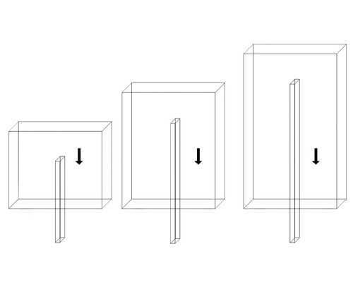 Drie schematische weergaven van regenpijpen met verschillende lengtes en pijl