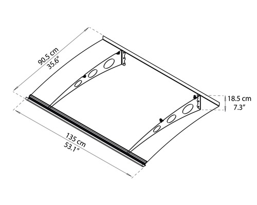 Technische tekening van een deur luifel met maataanduidingen