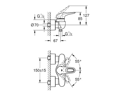 Technische tekening van een kraan met afmetingen