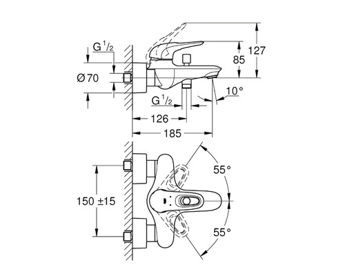 Technische tekening van een wastafelkraan met afmetingen