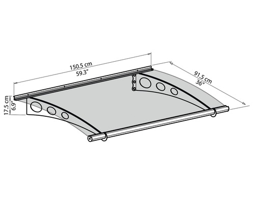 Technische tekening van een deurafdak met maatvoering
