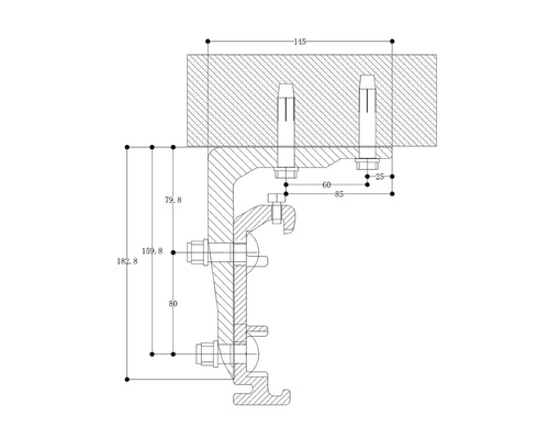 Technische tekening van een metalen rail met afmetingen