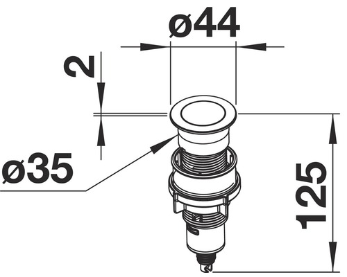 Technische tekening van een afvoerventiel met de afmetingen 44 mm, 35 mm en 125 mm.
