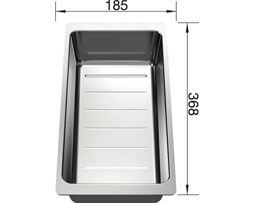Roestvrijstalen spoelbak met afmetingen van 185 x 368 mm.