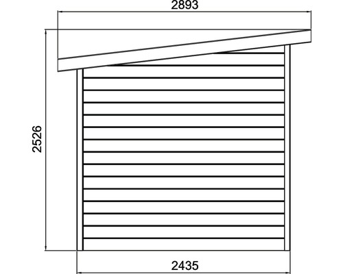 Technische tekening van een tuinhuis met maatvoering
