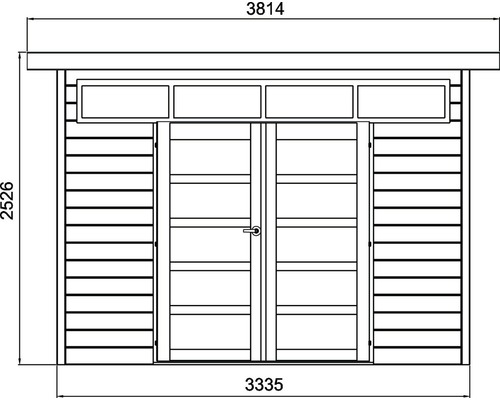 Technische tekening van een tuinhuis met afmetingen