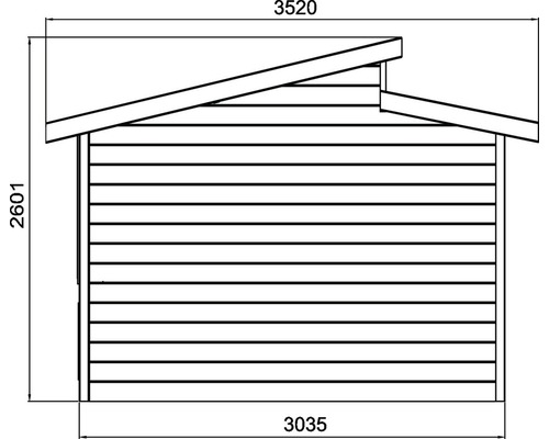 Technische tekening van een tuinhuis met maatvoering.