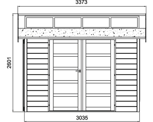 Tekening van een tuinhuis met afmetingen