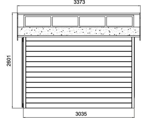 Technische tekening van een tuinhuis met maatvoering
