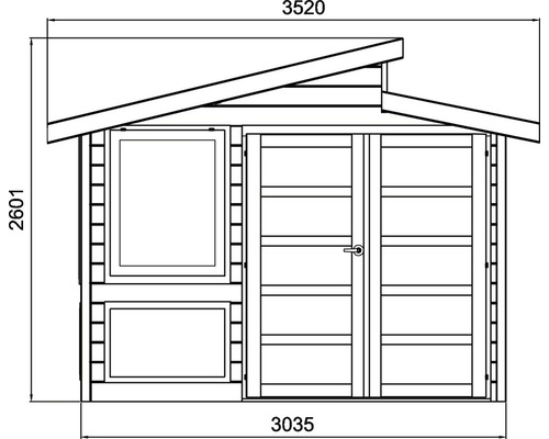 Technische tekening van een tuinhuis met afmetingen