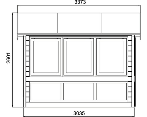 Technische tekening van een tuinhuis met afmetingen