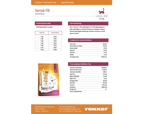 Fokker Sensi-Fit kattenvoer voor gevoelige katten, 2,5 kilogram verpakking met voedingswaarde-informatie