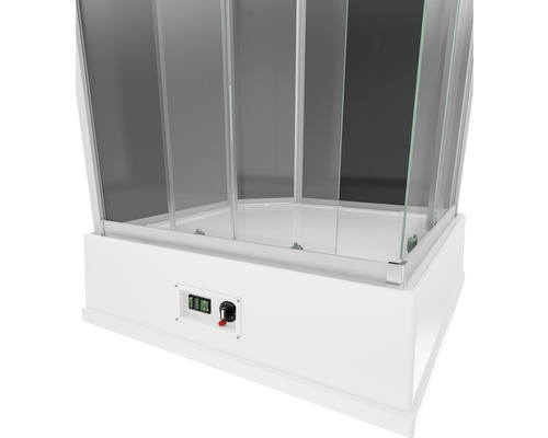 Detailaanzicht van een douchecabine met schakelaars en bedieningspaneel