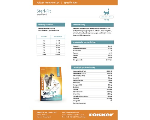 Fokker Steri-Fit kattenvoer, gesteriliseerd, specificaties en samenstelling