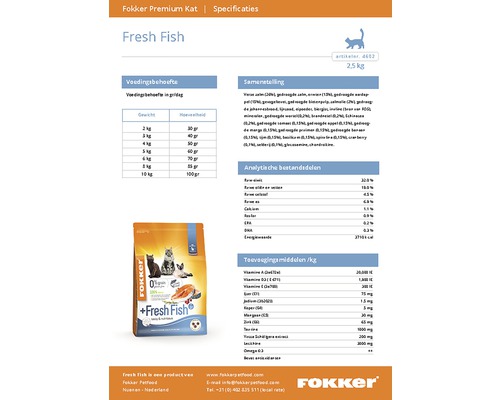 Fokker Premium kattenvoer met verse vis, informatie over ingrediënten en voedingswaarden