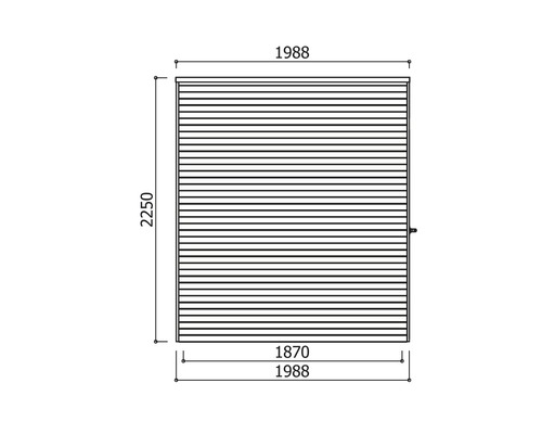 Technische tekening van een tuinhuis met afmetingen van 1988 millimeter maal 2250 millimeter maal 1870 millimeter.