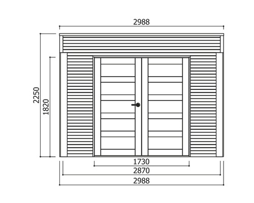Technische tekening van een tuinhuis met afmetingen