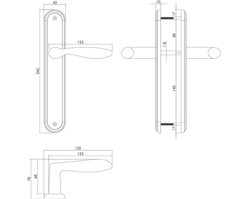 Technische tekening van een deurklink met lang schild en afmetingen.