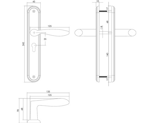 Technische tekening van een deurkruk met afmetingen.