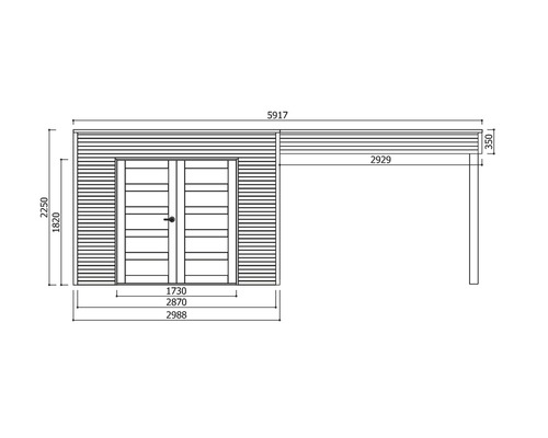 Technische tekening van een tuinhuis met afdak en maatvoering.