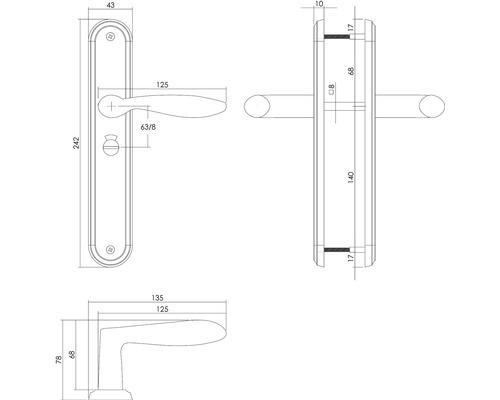 Technische tekening van een deurkruk met afmetingen