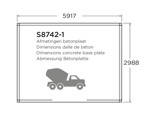 Afmetingen betonplaat met betonmolenillustratie