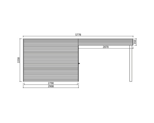Technische tekening van een carport met afmetingen.