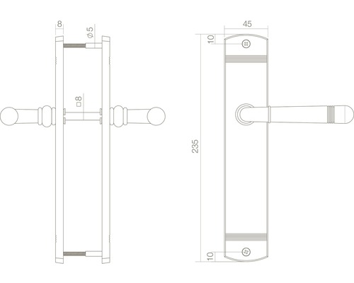 Technische tekening van een deurklink met afmetingen.
