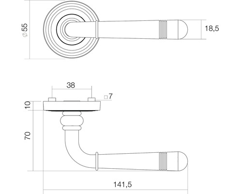 Technische tekening van een deurklink met afmetingen