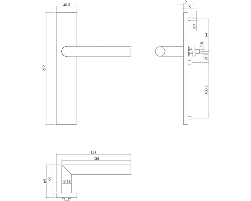 Technische tekening van een deurgreep met afmetingen