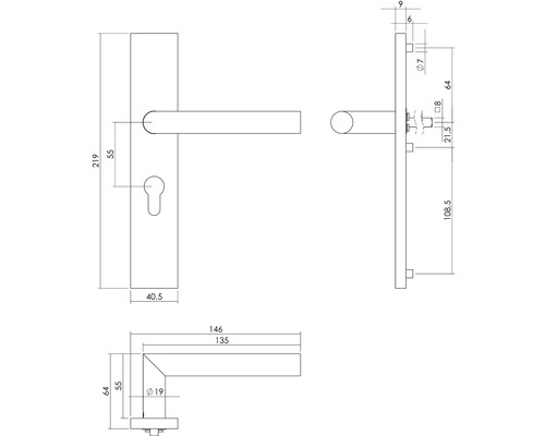 Technische tekening van een deurklink met afmetingen