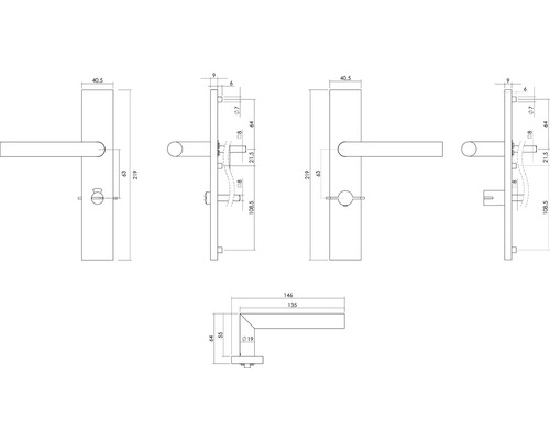 Technische tekening van een deurklink met afmetingen