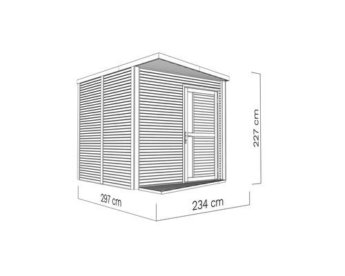 Tuinhuis met afmetingen van 297 x 234 x 227 centimeter als schematische tekening