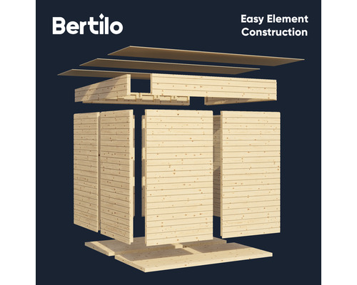 Bertilo Logo. Illustratie van de constructie van een tuinhuis met elementenbouw.