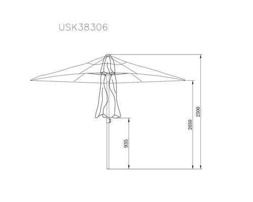 Technische tekening van een parasol met hoogtematen