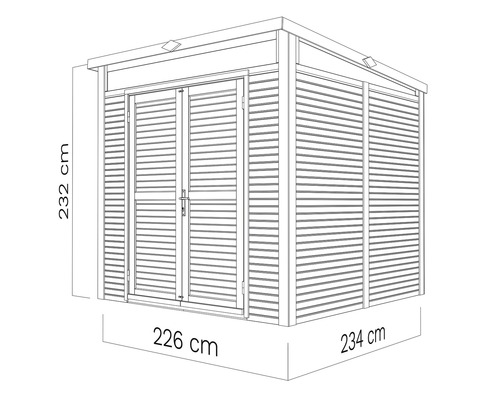 Illustratie van een tuinhuis met afmetingen van 232 cm hoog, 226 cm en 234 cm breed.