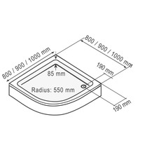 Technische tekening van een douchebak met afmetingen van 800, 900 of 1000 mm, een radius van 550 mm en een hoogte van 85 mm