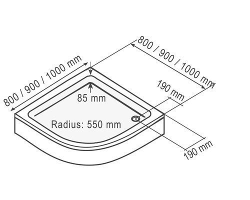 Technische tekening van een douchebak met afmetingen van 800, 900 of 1000 mm, een radius van 550 mm en een hoogte van 85 mm