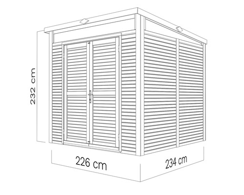 Technische tekening van een tuinhuis met de afmetingen 232 cm hoog, 226 cm breed en 234 cm diep.