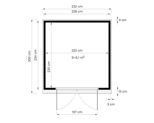 Plattegrond met afmetingen: 232 cm x 250 cm