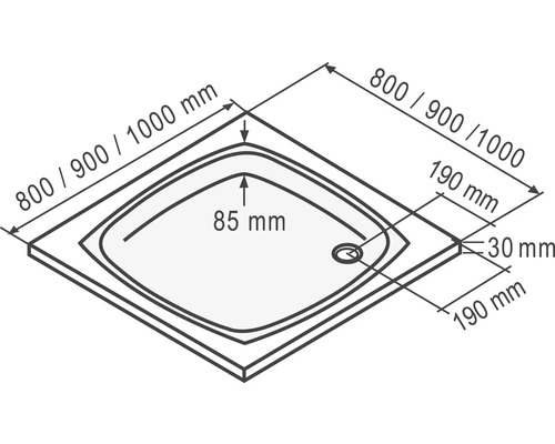 Technische tekening van een douchebak met maatvoering
