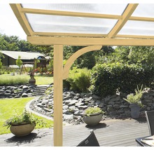 Detailaanzicht van een houten pergola met lichtdoorlatend dak in een tuin.