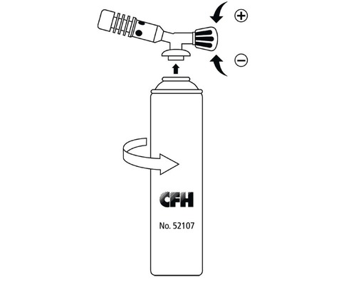 Afbeelding van een soldeerbrander met gaspatroon en montage-instructies