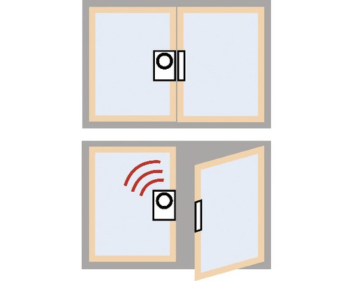 Afbeelding van een raam met een geïnstalleerde openingsmelder, die geactiveerd wordt wanneer het raam geopend is