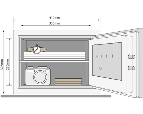 Open kluis met waardevolle spullen en afmetingen